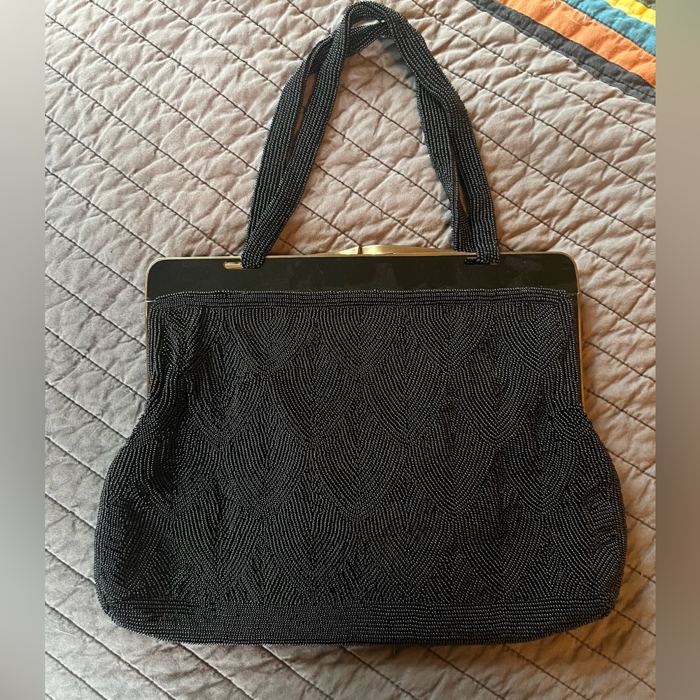 VINTAGE large Walborg Black Beaded Evening Bag, with coin purse